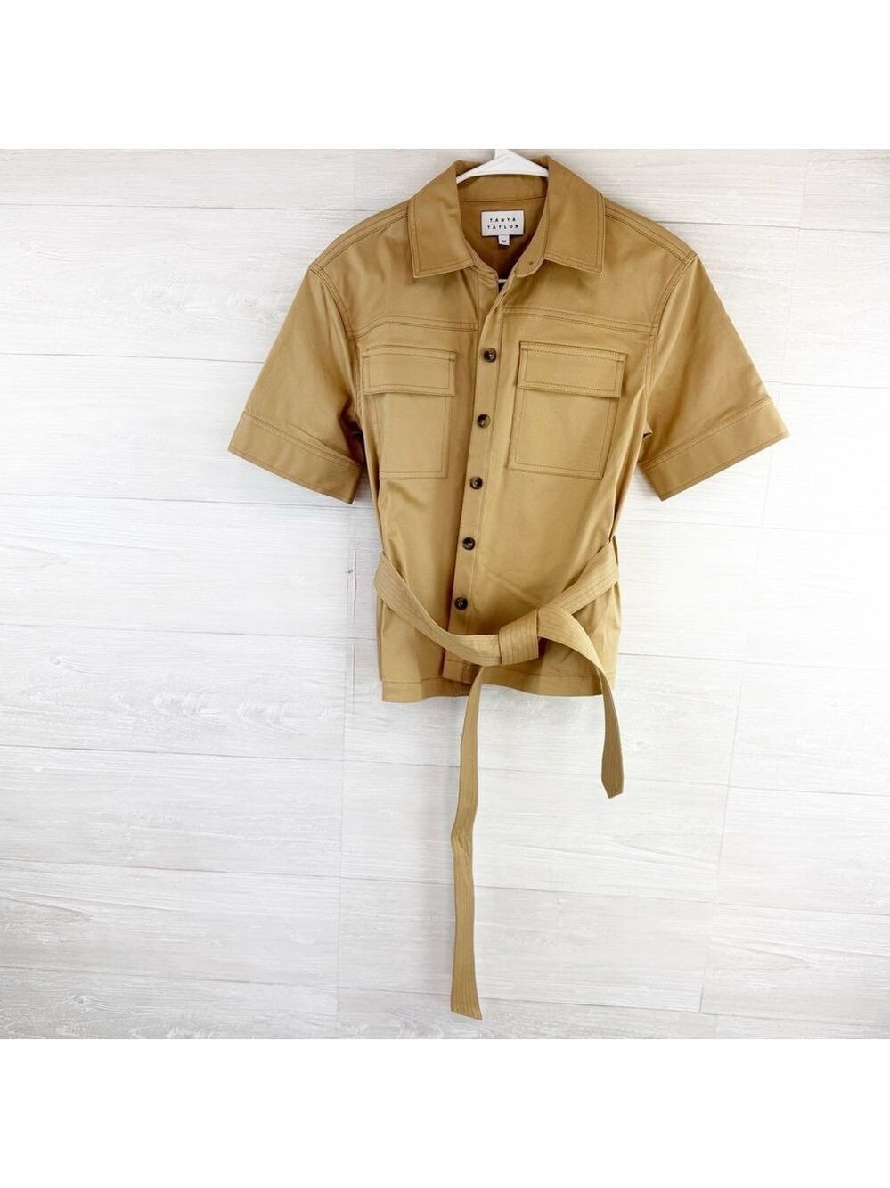 Tanya Taylor Belted Button Down Short Sleeve Top
